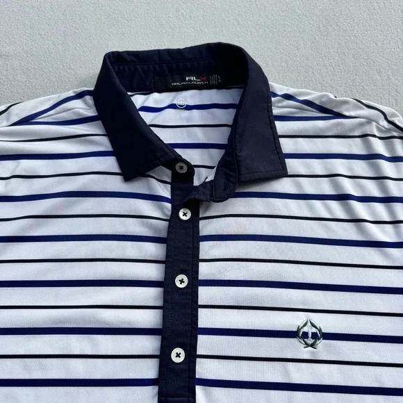 RLX Ralph Lauren Golf Polo Shirt Men Large Striped White/Navy Performance Casual - Picture 1 of 9